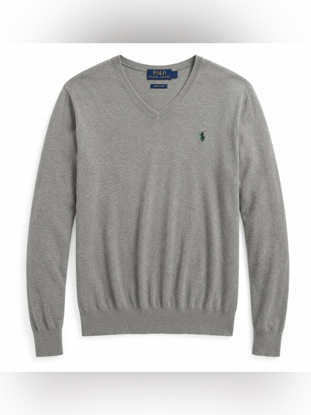Polo Ralph Lauren Pima Cotton V Neck Sweater Gray Green Pony Logo Men’s Size L